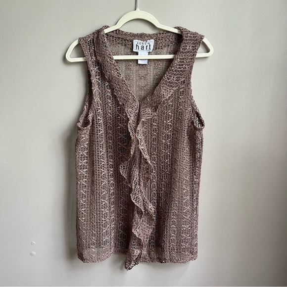 Vintage Boho Sleeveless Cardigan Women's XL‎ Clay Open Knit Micro Ribbons Flowy - Picture 1 of 12